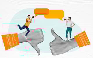 Creative collage of two arms, one giving a thumbs up and one giving a thumbs down with mini people communicating with loudspeakers on top to show the idea of feedback.